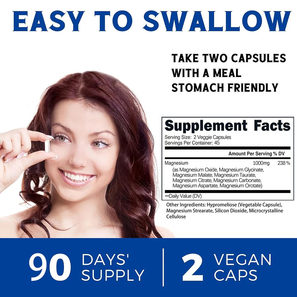 | 1000Mg Magnesium Glycinate, Malate, Citrate | 8 Elemental Chelated Formula | Vegan, Non-Gmo, 90 C
