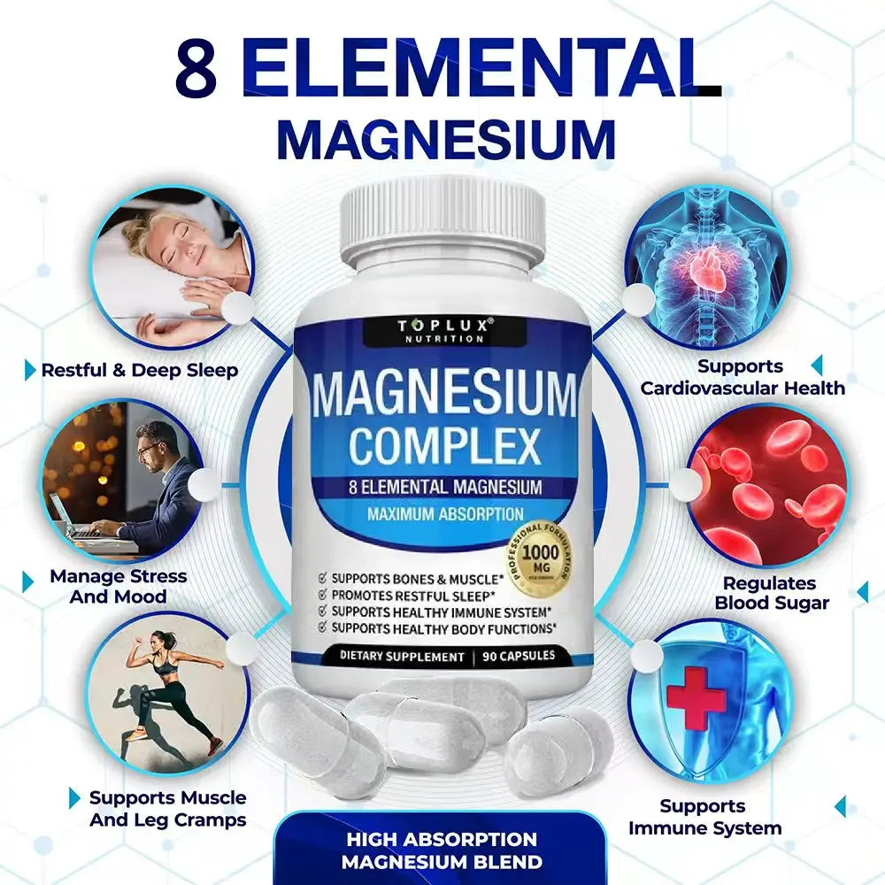 | 1000Mg Magnesium Glycinate, Malate, Citrate | 8 Elemental Chelated Formula | Vegan, Non-Gmo, 90 C